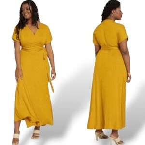 Eloquii Freesia Mustard Yellow Maxi Wrap Tie Waist Dress Women's Size 24 NWT